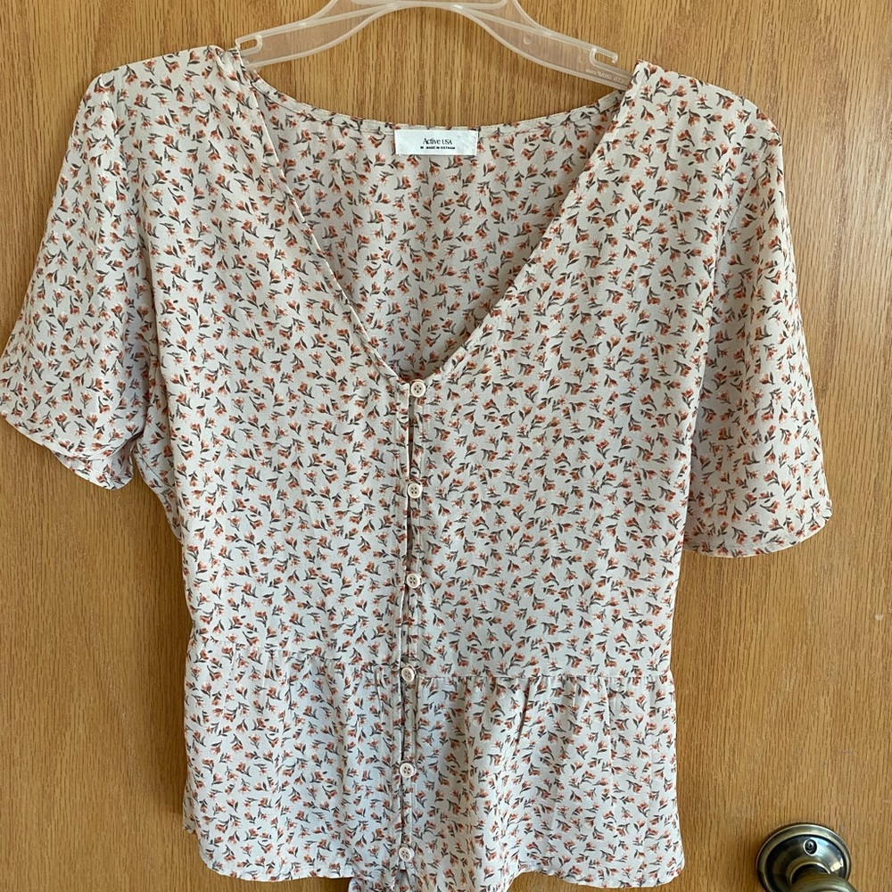 Active USA Cream Peplum Blouse with Rust Floral Print